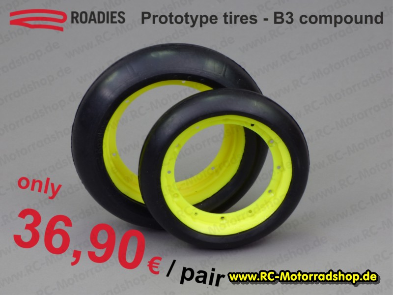RPT-31: Satz ROADIES Prototype-/Entwicklungsreifen (Typ B3 / hard) auf gelber Felge RPT-31